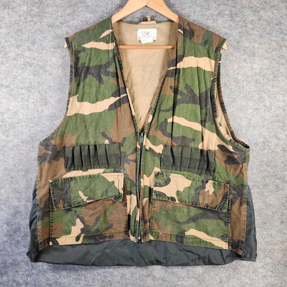 VTG Duck Bay Men XL Camo Hunting Vest Woodland‎ Camouflage Shell Loop Game Bag
